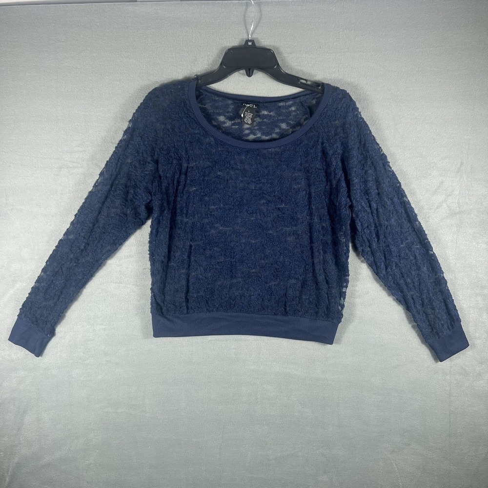 Rue21‎ Women's Blue Lace Floral Mesh Long Sleeve Scoop Neck Top Size L